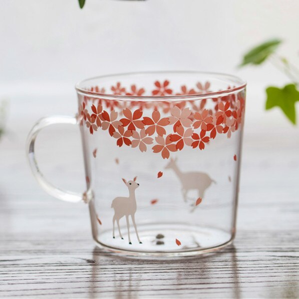 Japanese Sakura Glass Coffee Mug Cute Cat Deer Rabbit Tea Mug 280ml Heat Resistant Glass Tea Cup Maid Coffee Cup Drinkware - dianjiang-