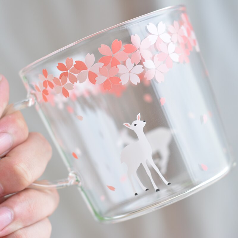 Japanese Sakura Glass Coffee Mug Cute Cat Deer Rabbit Tea Mug 280ml Heat Resistant Glass Tea Cup Maid Coffee Cup Drinkware - dianjiang-