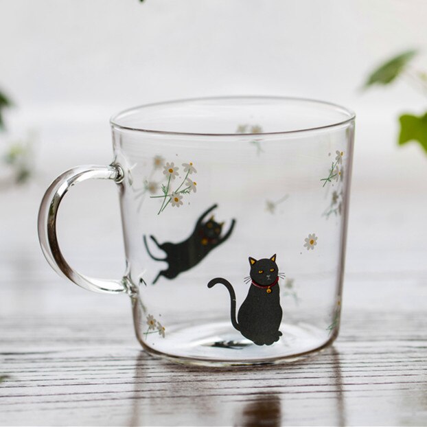 Japanese Sakura Glass Coffee Mug Cute Cat Deer Rabbit Tea Mug 280ml Heat Resistant Glass Tea Cup Maid Coffee Cup Drinkware - dianjiang-