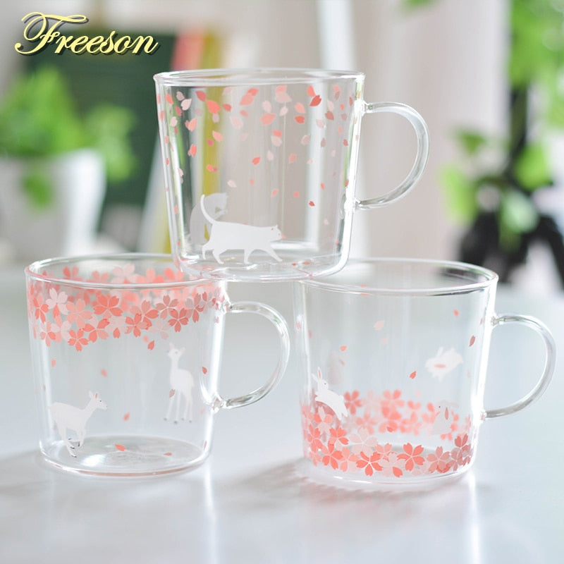 Japanese Sakura Glass Coffee Mug Cute Cat Deer Rabbit Tea Mug 280ml Heat Resistant Glass Tea Cup Maid Coffee Cup Drinkware - dianjiang-