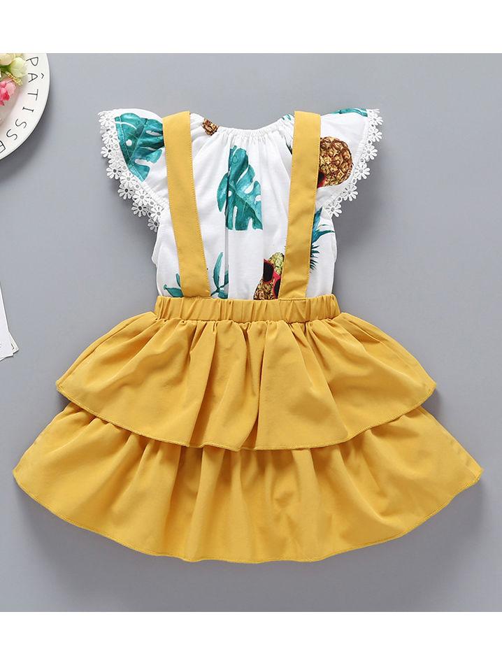 2-Piece Baby Clothes Off Shoulder Pineapple Print Flutter Sleeve Jumpsuit Matching Yellow Jumper Skirt Summer - dianjiang-