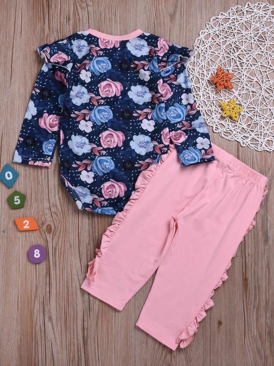 Spring Casual Outing Clothes Set Flutter Sleeve Floral Jumpsuit+ Ruffle Pink Trousers - dianjiang-