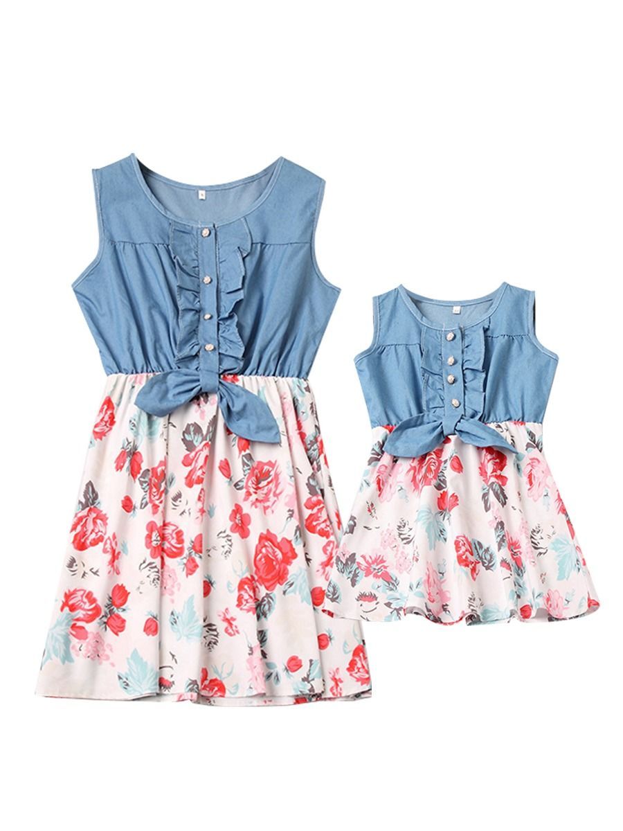 Mom And Me Family Fitted  Flower Denim Patchwork Sleeveless Kids Dress - dianjiang-