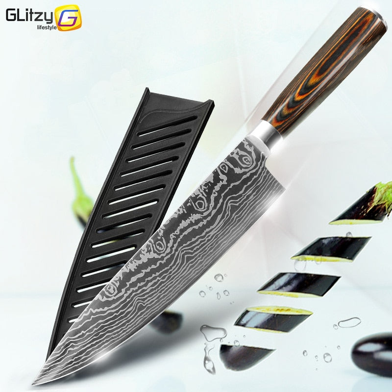 Kitchen Knives 8 Inch Japanese Chef 7CR17 440C Gyuto Stainless Steel Damascus Drawing Meat Cleaver Slicer Santoku Cutter Set - dianjiang-