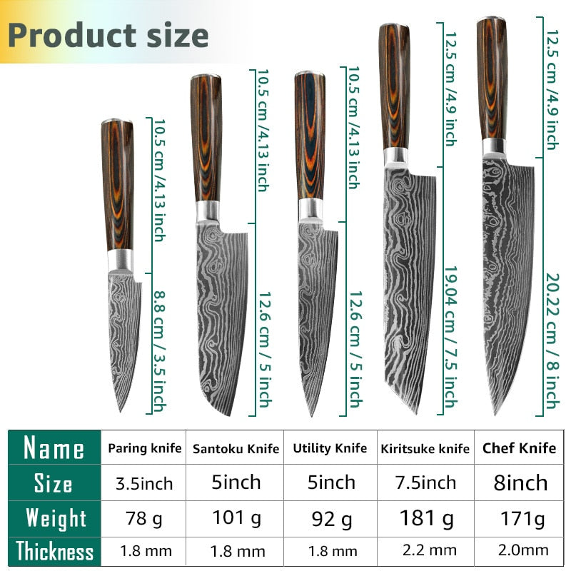 Kitchen Knives 8 Inch Japanese Chef 7CR17 440C Gyuto Stainless Steel Damascus Drawing Meat Cleaver Slicer Santoku Cutter Set - dianjiang-