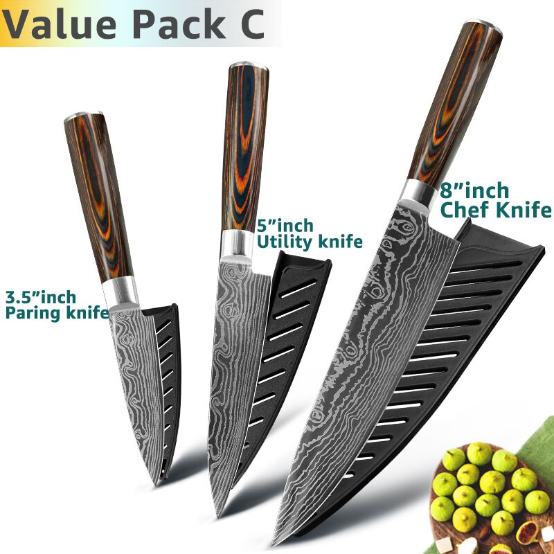 Kitchen Knives 8 Inch Japanese Chef 7CR17 440C Gyuto Stainless Steel Damascus Drawing Meat Cleaver Slicer Santoku Cutter Set - dianjiang-