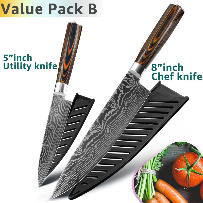 Kitchen Knives 8 Inch Japanese Chef 7CR17 440C Gyuto Stainless Steel Damascus Drawing Meat Cleaver Slicer Santoku Cutter Set - dianjiang-