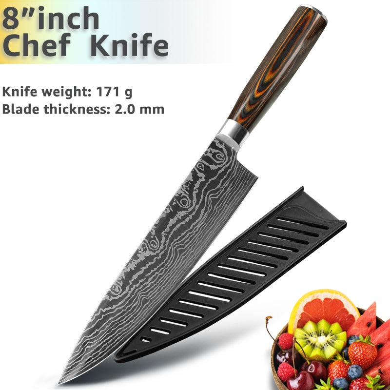 Kitchen Knives 8 Inch Japanese Chef 7CR17 440C Gyuto Stainless Steel Damascus Drawing Meat Cleaver Slicer Santoku Cutter Set - dianjiang-