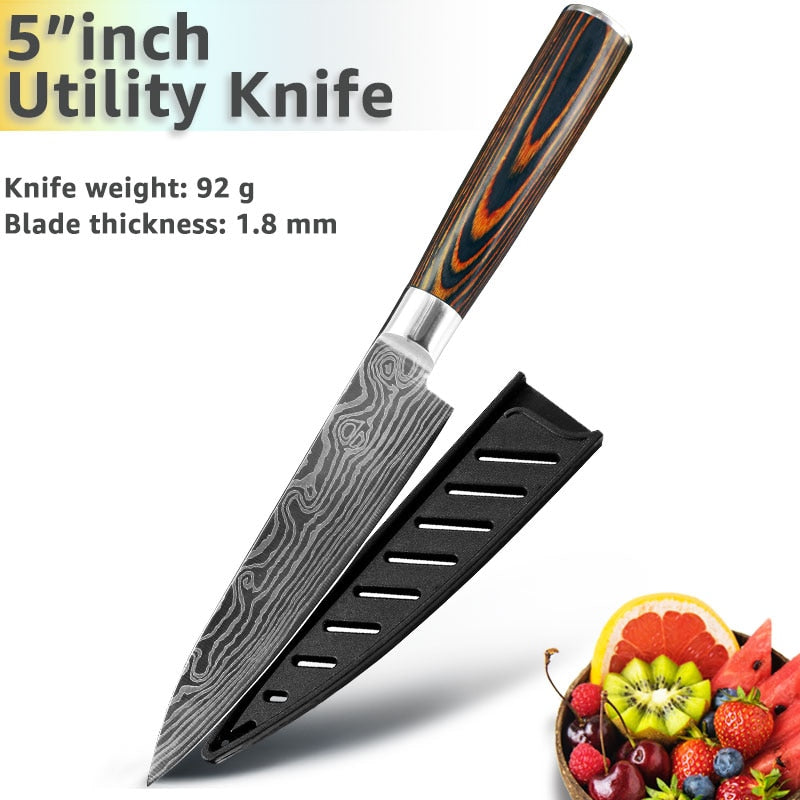 Kitchen Knives 8 Inch Japanese Chef 7CR17 440C Gyuto Stainless Steel Damascus Drawing Meat Cleaver Slicer Santoku Cutter Set - dianjiang-