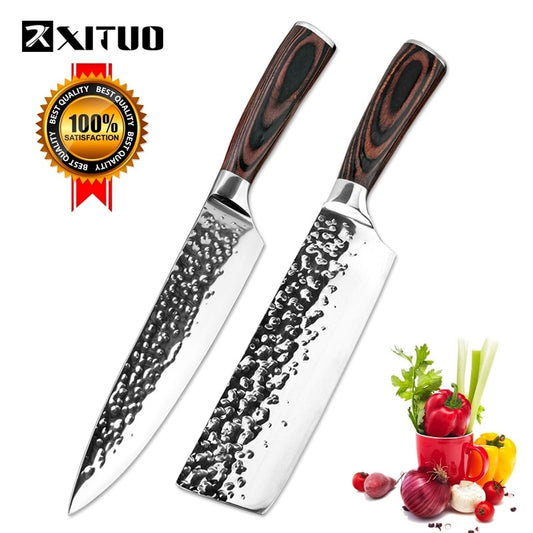 Kitchen Knives 8"Inch Stainless Steel Chef Knife High Grade 7Cr17 Frozen Meat Cutter Wood Handle Identation blade Cooking Tools - dianjiang-