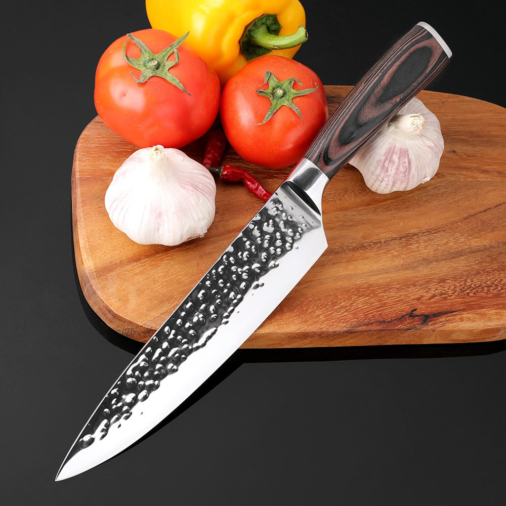 Kitchen Knives 8"Inch Stainless Steel Chef Knife High Grade 7Cr17 Frozen Meat Cutter Wood Handle Identation blade Cooking Tools - dianjiang-