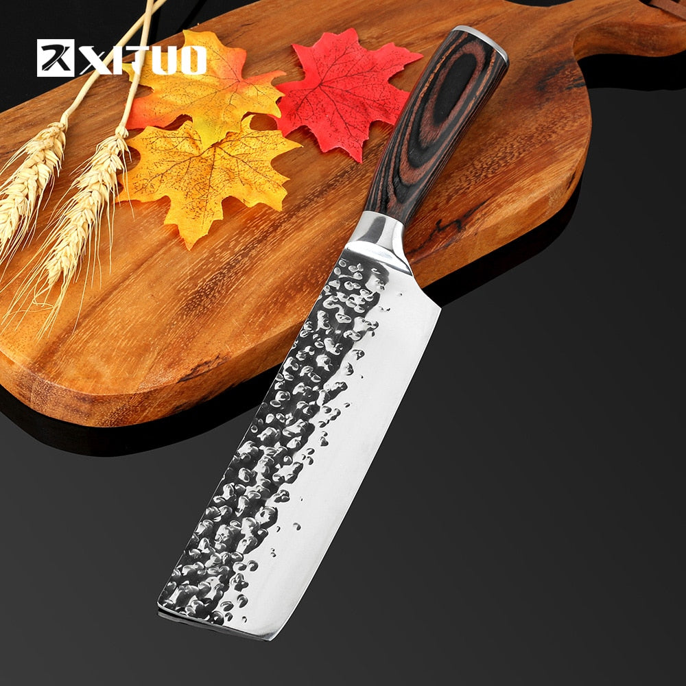 Kitchen Knives 8"Inch Stainless Steel Chef Knife High Grade 7Cr17 Frozen Meat Cutter Wood Handle Identation blade Cooking Tools - dianjiang-