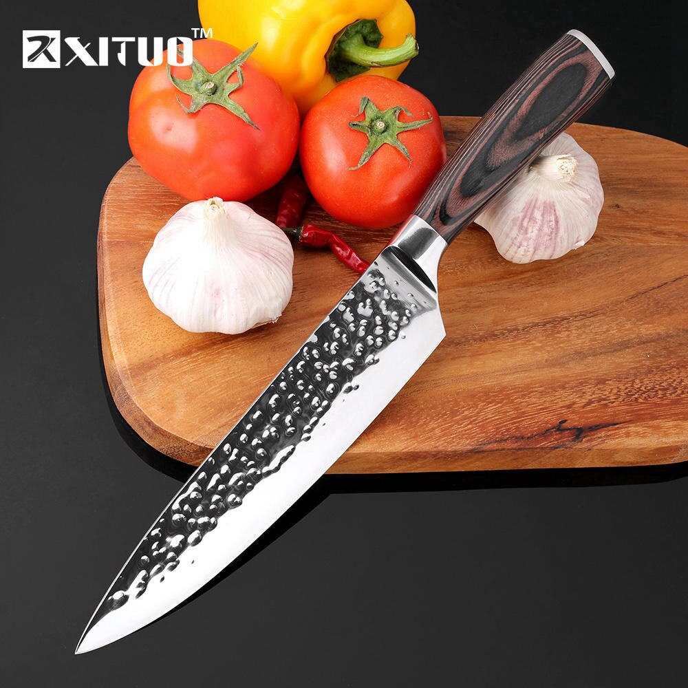 Kitchen Knives 8"Inch Stainless Steel Chef Knife High Grade 7Cr17 Frozen Meat Cutter Wood Handle Identation blade Cooking Tools - dianjiang-