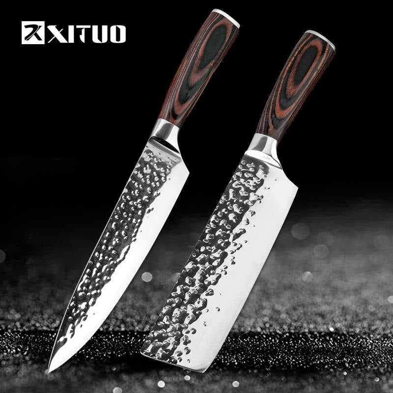 Kitchen Knives 8"Inch Stainless Steel Chef Knife High Grade 7Cr17 Frozen Meat Cutter Wood Handle Identation blade Cooking Tools - dianjiang-