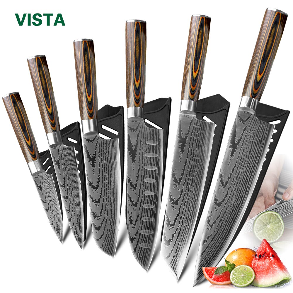 Kitchen knife Chef Knives Japanese 7CR17 440C High Carbon Stainless Steel Imitation Damascus Sanding Laser Knife - dianjiang-