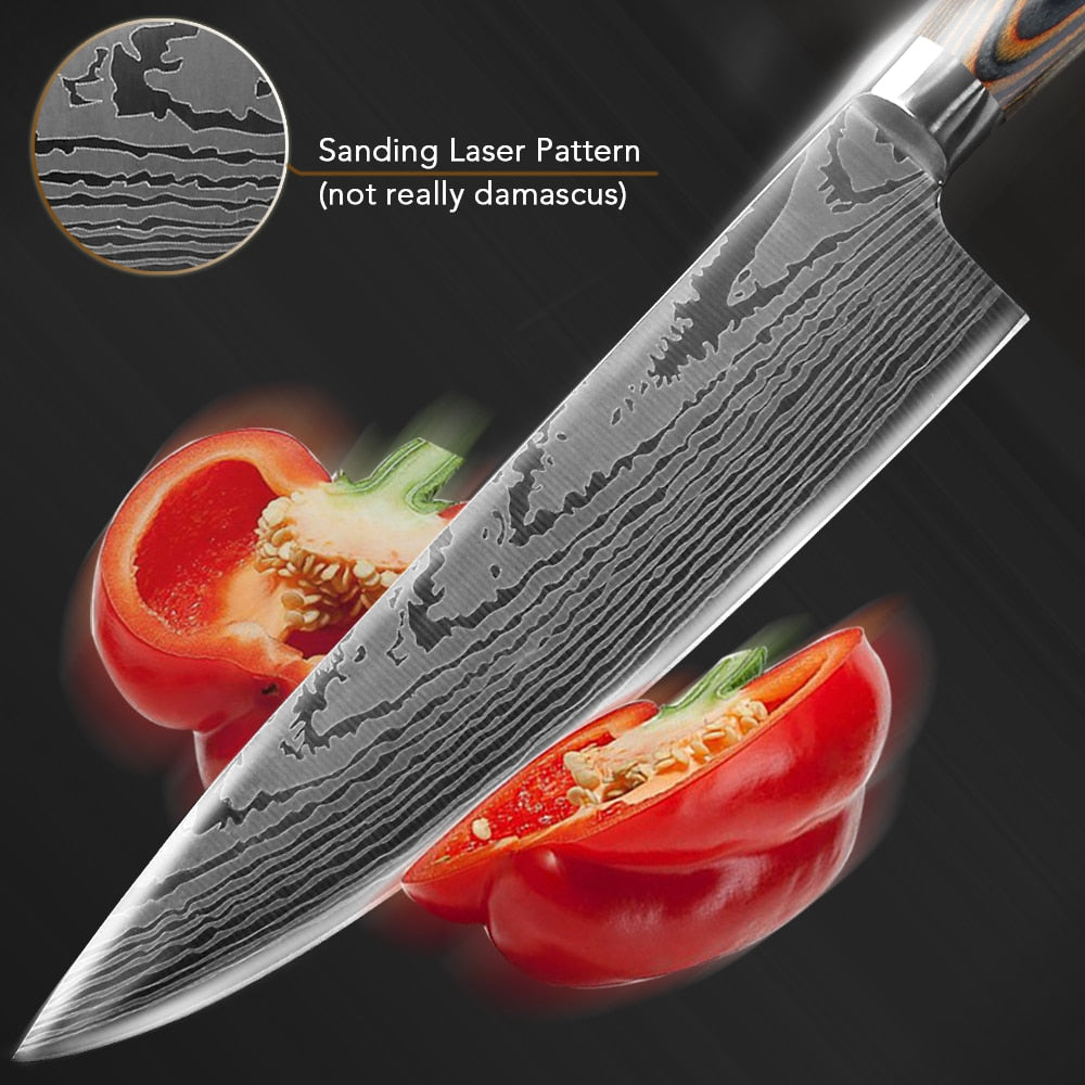 Kitchen knife Chef Knives Japanese 7CR17 440C High Carbon Stainless Steel Imitation Damascus Sanding Laser Knife - dianjiang-