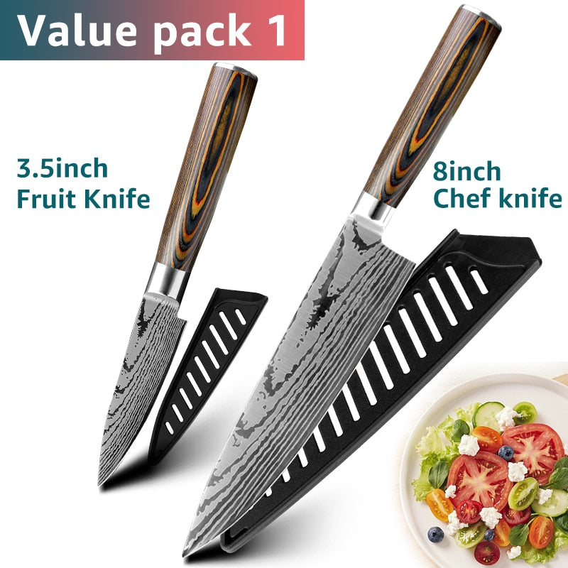 Kitchen knife Chef Knives Japanese 7CR17 440C High Carbon Stainless Steel Imitation Damascus Sanding Laser Knife - dianjiang-