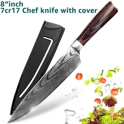 Kitchen knife Chef Knives Japanese 7CR17 440C High Carbon Stainless Steel Imitation Damascus Sanding Laser Knife - dianjiang-