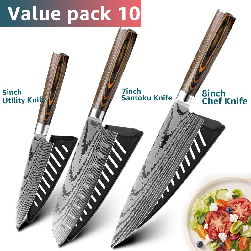 Kitchen knife Chef Knives Japanese 7CR17 440C High Carbon Stainless Steel Imitation Damascus Sanding Laser Knife - dianjiang-