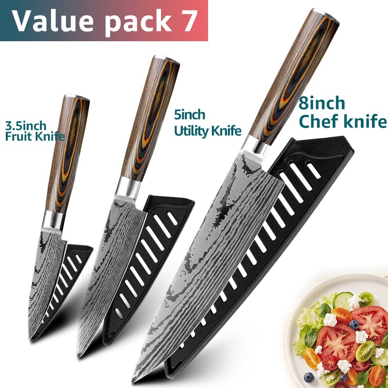 Kitchen knife Chef Knives Japanese 7CR17 440C High Carbon Stainless Steel Imitation Damascus Sanding Laser Knife - dianjiang-