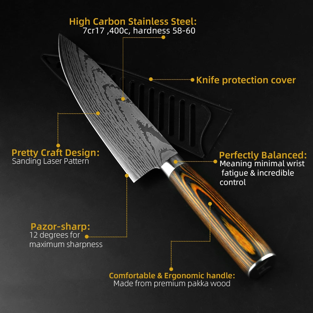 Kitchen knife Chef Knives Japanese 7CR17 440C High Carbon Stainless Steel Imitation Damascus Sanding Laser Knife - dianjiang-