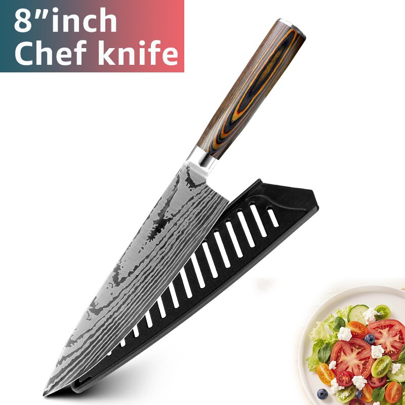 Kitchen knife Chef Knives Japanese 7CR17 440C High Carbon Stainless Steel Imitation Damascus Sanding Laser Knife - dianjiang-