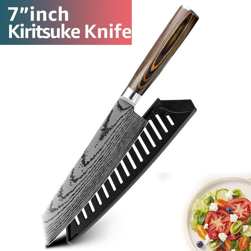 Kitchen knife Chef Knives Japanese 7CR17 440C High Carbon Stainless Steel Imitation Damascus Sanding Laser Knife - dianjiang-