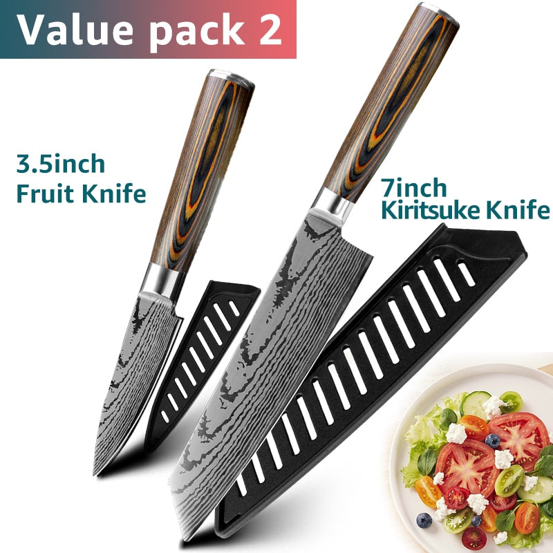 Kitchen knife Chef Knives Japanese 7CR17 440C High Carbon Stainless Steel Imitation Damascus Sanding Laser Knife - dianjiang-