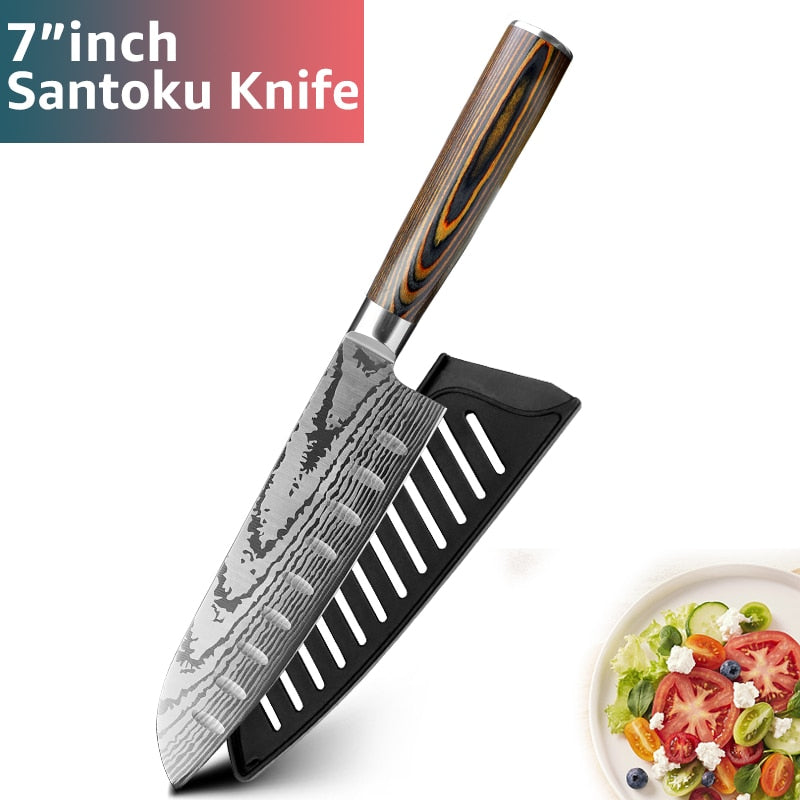 Kitchen knife Chef Knives Japanese 7CR17 440C High Carbon Stainless Steel Imitation Damascus Sanding Laser Knife - dianjiang-