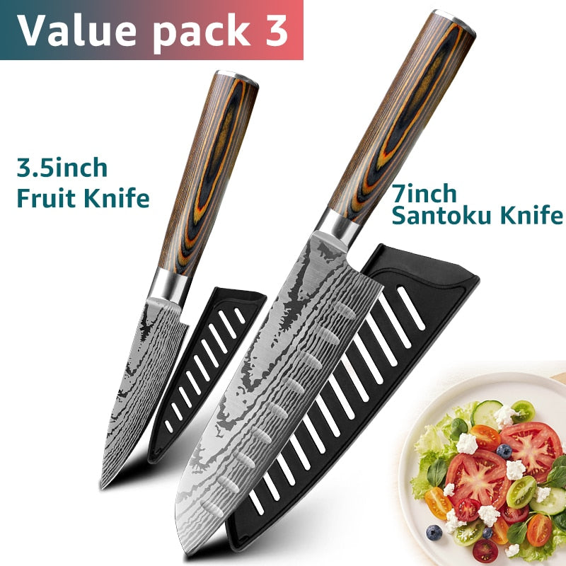 Kitchen knife Chef Knives Japanese 7CR17 440C High Carbon Stainless Steel Imitation Damascus Sanding Laser Knife - dianjiang-