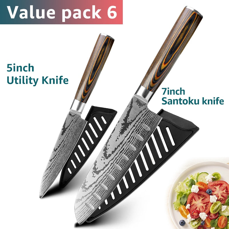 Kitchen knife Chef Knives Japanese 7CR17 440C High Carbon Stainless Steel Imitation Damascus Sanding Laser Knife - dianjiang-