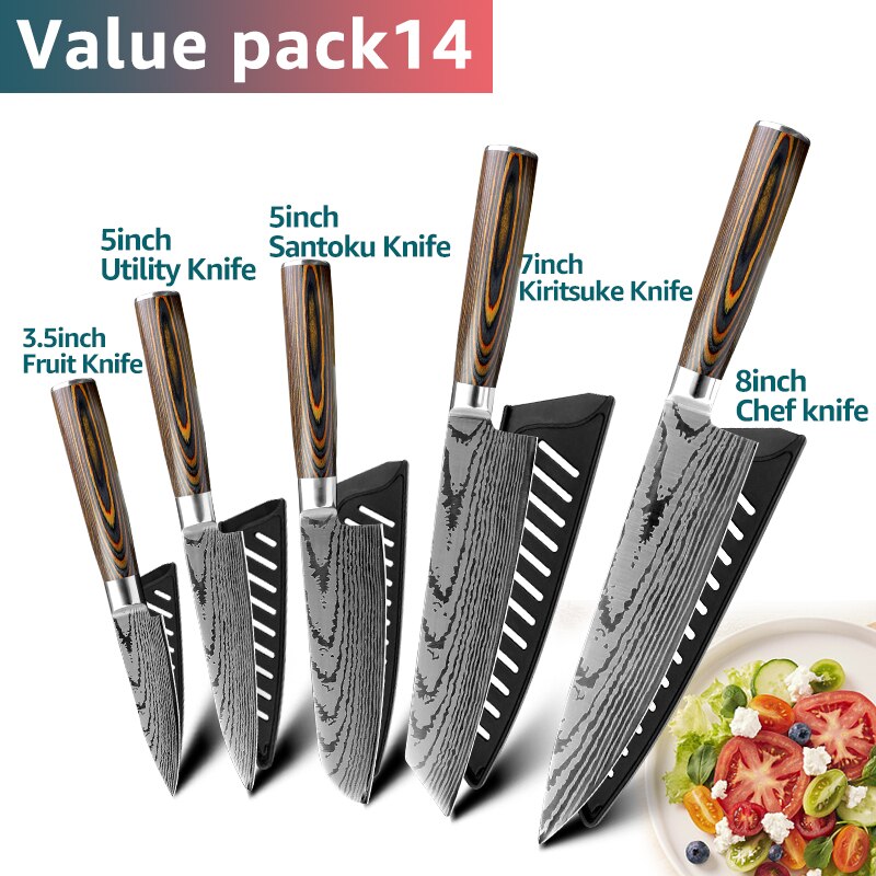 Kitchen knife Chef Knives Japanese 7CR17 440C High Carbon Stainless Steel Imitation Damascus Sanding Laser Knife - dianjiang-