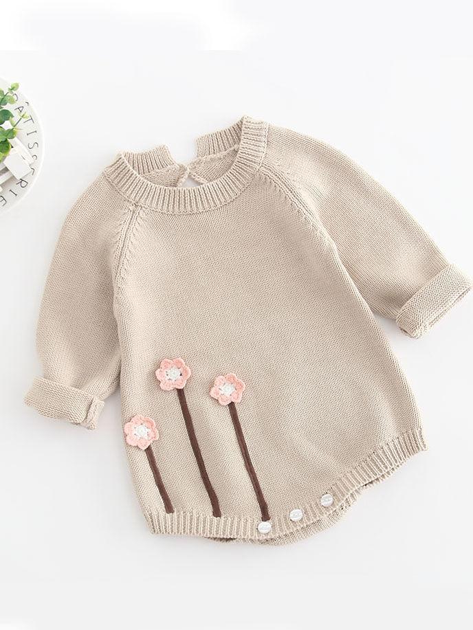 Flower Applique Cotton Onesie Knitted Jumpsuit Long Sleeve for Infant Baby Girls - dianjiang-