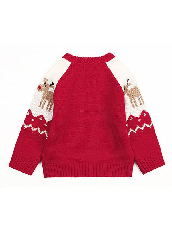 Deer Print Splicing Knitwear Acrylic Round Collar Baby Sweater - dianjiang-