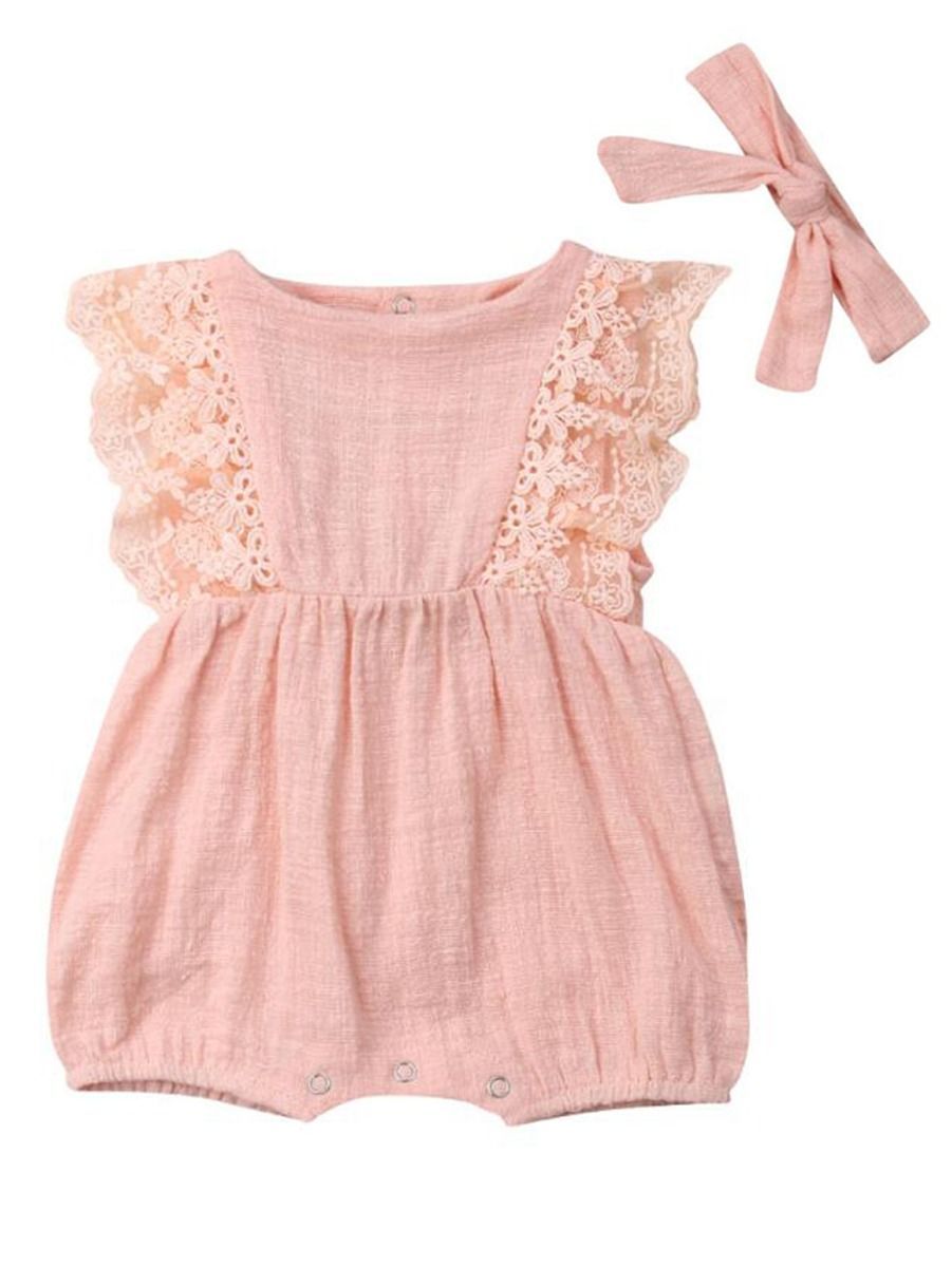 Lace-trimmed Romper Matching Headband 2-Piece Clothes Set - dianjiang-