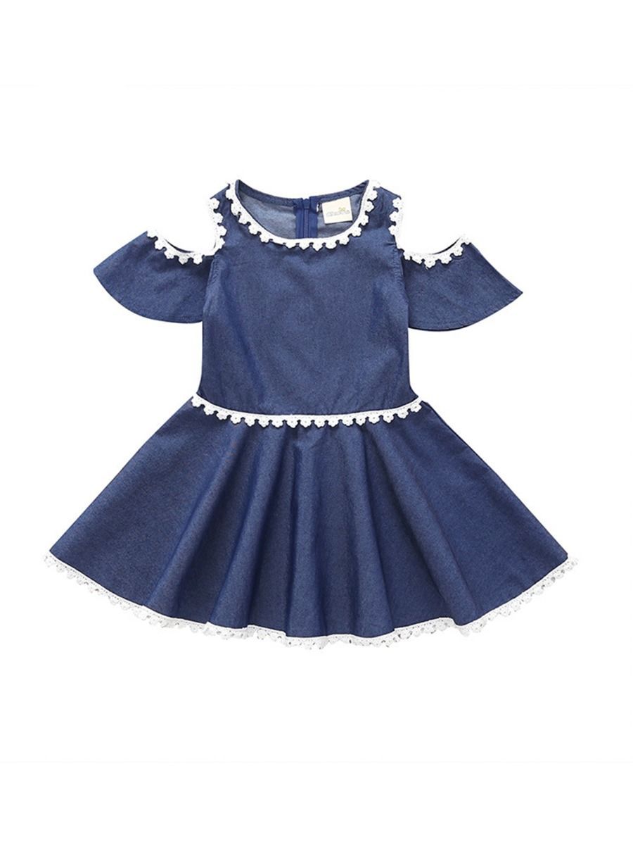 Lace Flower Summer Off Shoulder Blue Dress - dianjiang-