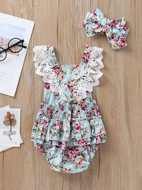 Lace Trim Flower Backless Bodysuit + Headband 2-Piece Outfit For Baby Girl - dianjiang-