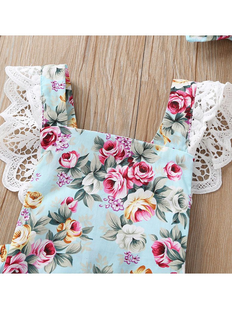 Lace Trim Flower Backless Bodysuit + Headband 2-Piece Outfit For Baby Girl - dianjiang-