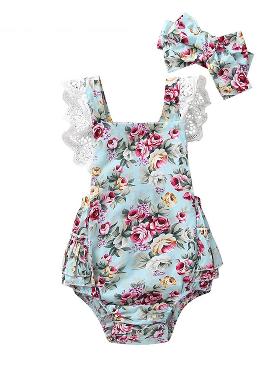 Lace Trim Flower Backless Bodysuit + Headband 2-Piece Outfit For Baby Girl - dianjiang-