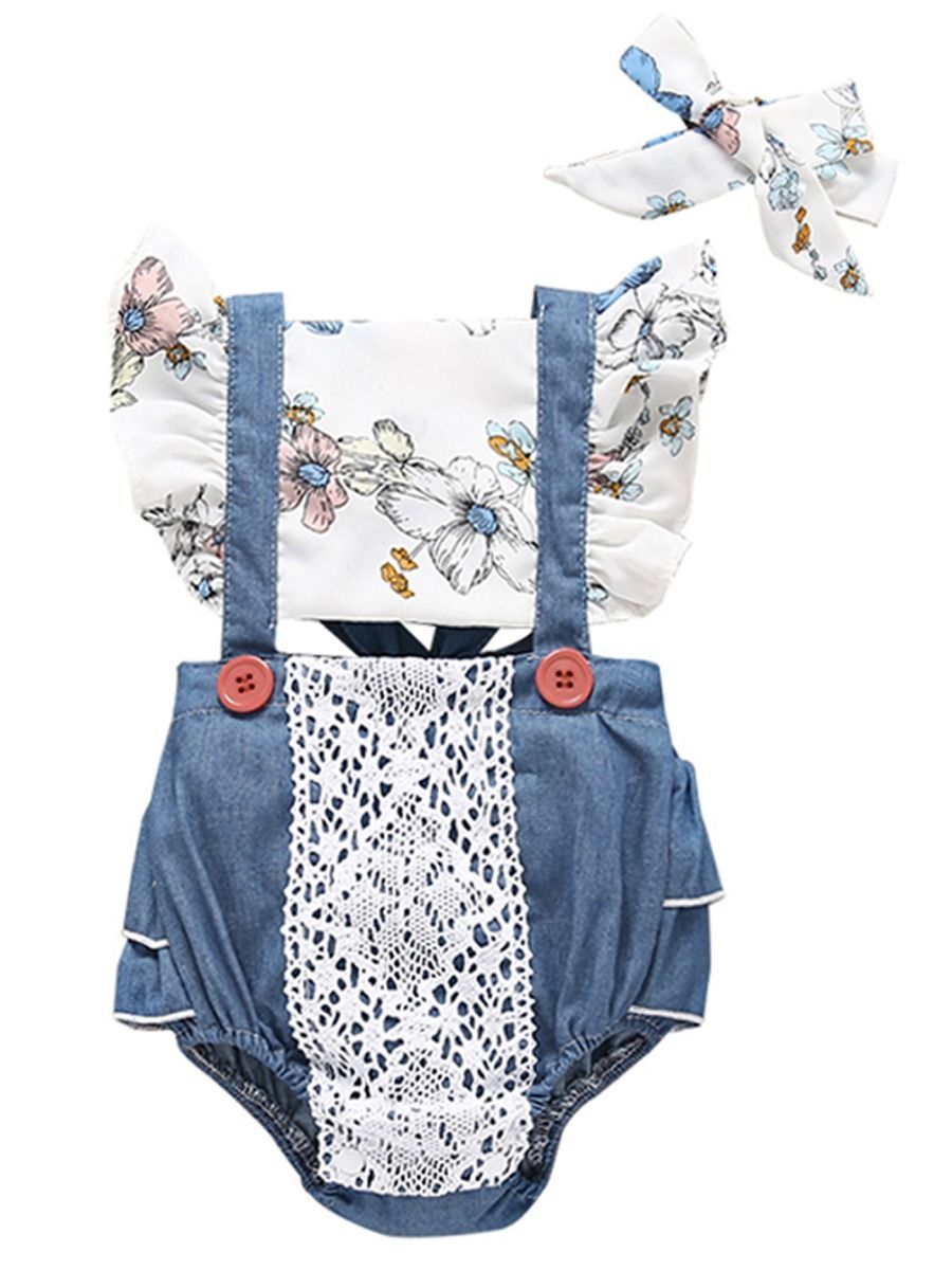 Lace Trimmed Flower Bodysuit Matching Headband - dianjiang-