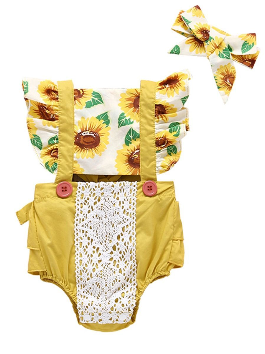Lace Trimmed Flower Bodysuit Matching Headband - dianjiang-