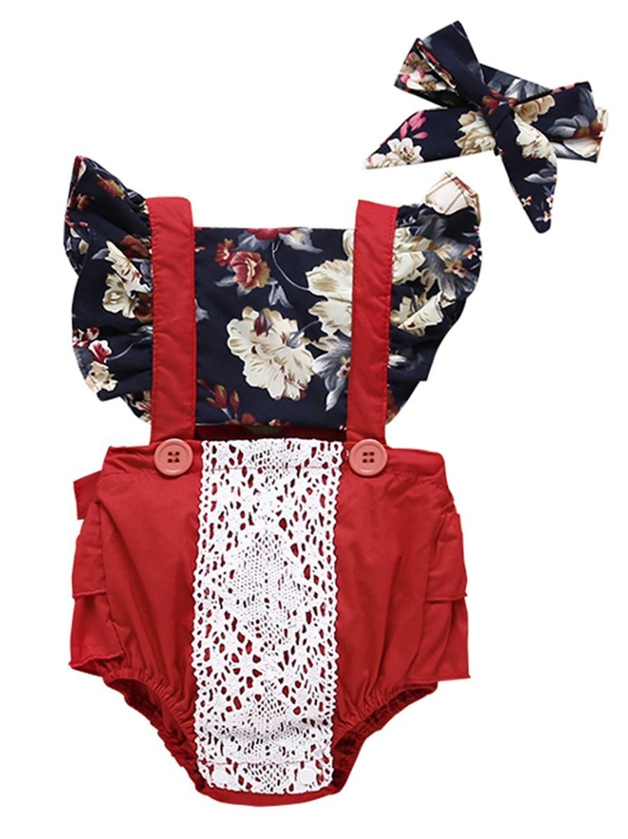 Lace Trimmed Flower Bodysuit Matching Headband - dianjiang-