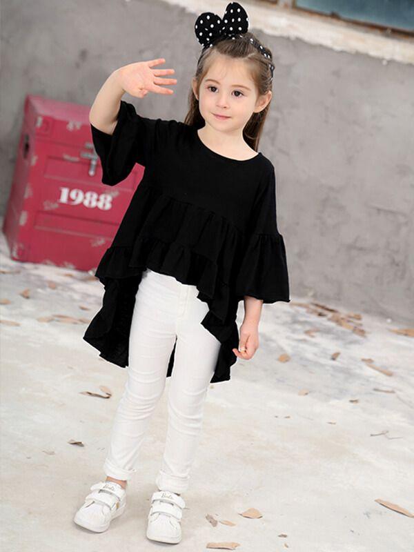 Little Girls Asymmetry Long Sleeve Shirred Solid Color Top Mini Dress - dianjiang-