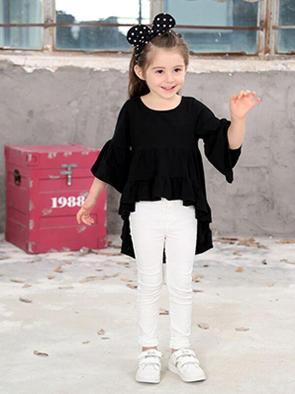 Little Girls Asymmetry Long Sleeve Shirred Solid Color Top Mini Dress - dianjiang-