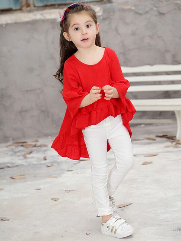 Little Girls Asymmetry Long Sleeve Shirred Solid Color Top Mini Dress - dianjiang-