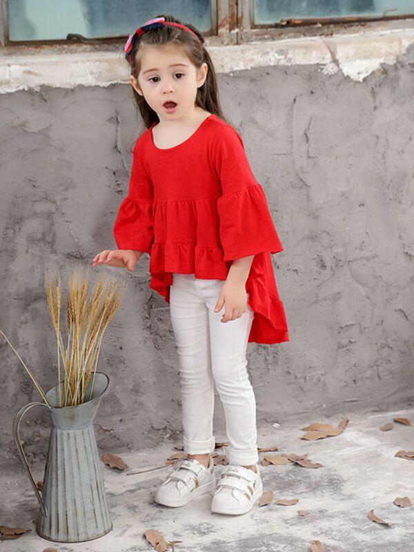Little Girls Asymmetry Long Sleeve Shirred Solid Color Top Mini Dress - dianjiang-