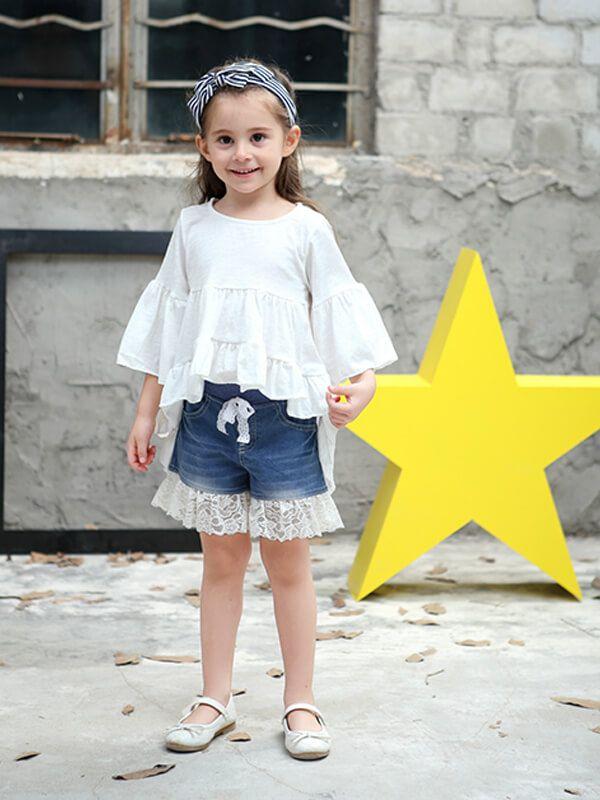 Little Girls Asymmetry Long Sleeve Shirred Solid Color Top Mini Dress - dianjiang-