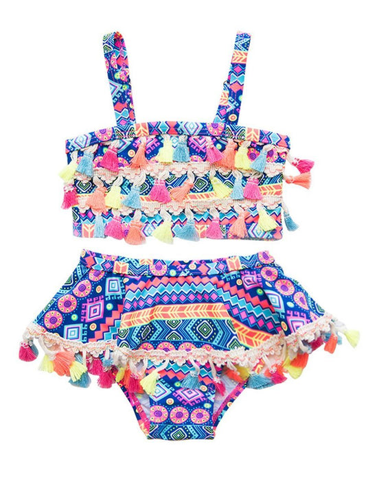 Little Girl 2-Piece Vintage Tassel Trimmed Bikini Outfit - dianjiang-