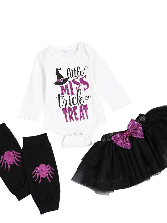 Little Miss Trick or Treat Shiny Sequin 3-piece Halloween Set Romper + Skirt + Leggings - dianjiang-