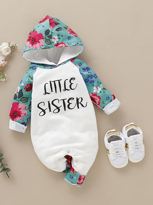 Little Sister Floral Print Long-sleeved Hooded Jumpsuit - dianjiang-